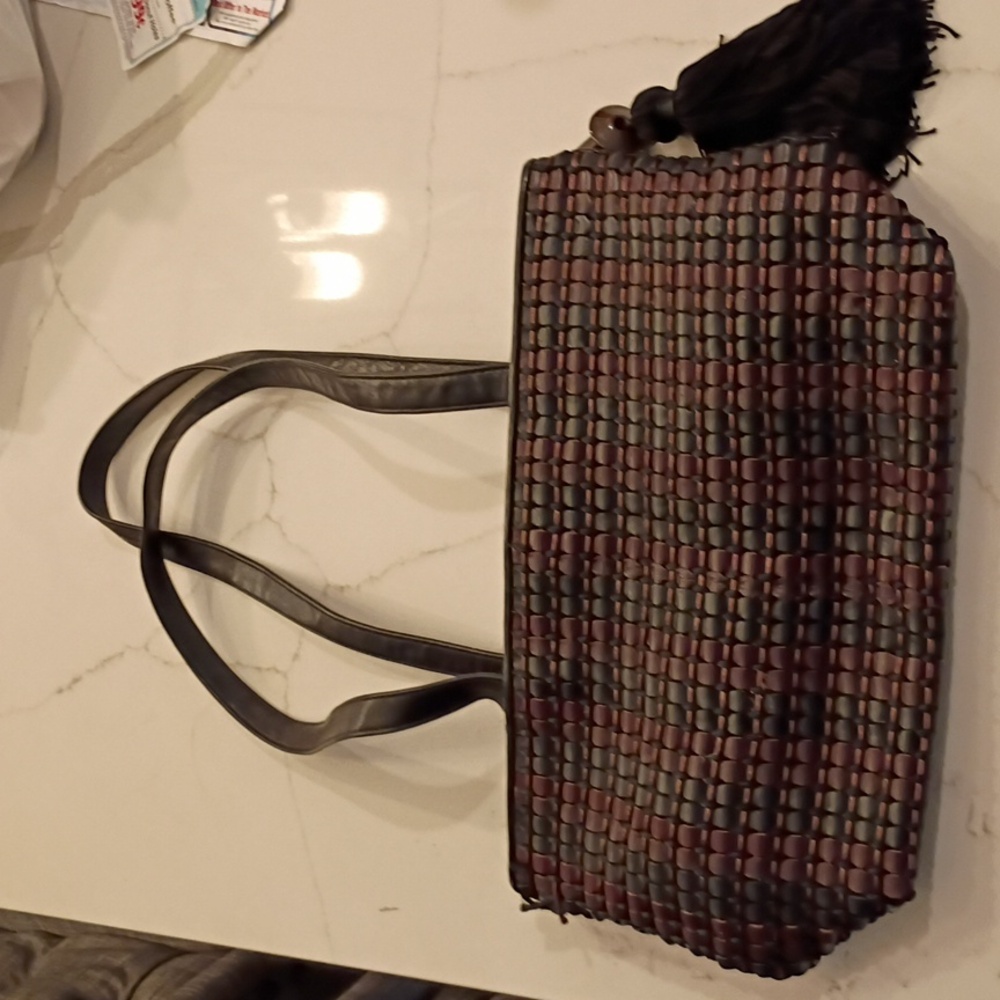 Ganson San Francisco Vintage Leather Medium Woven Black and Brown Handbag